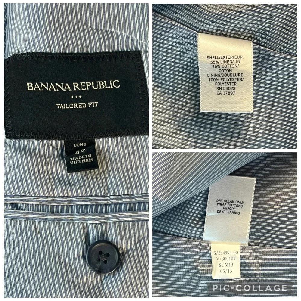Banana Republic Blazer Men 42 Long Navy Grey Linen Blend Tailored Fit Sport Coat